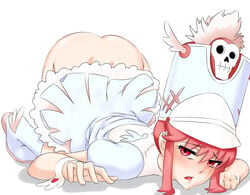 artist_request ass blush boots dress female hat jakuzure_nonon kill_la_kill looking_at_viewer no_panties open_mouth pink_eyes pink_hair shako_cap solo top-down_bottom-up uniform winged_hat winged_shoes