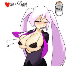 ainggomu big_breasts embarrassed heart huge_breasts long_hair milk pink_hair purple_eyes shirt the_battle_cats twintails white_hair