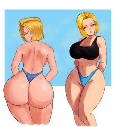 2girls android_18 back_view backboob big_breasts big_thighs blonde_hair blue_eyes bob_cut cheesecakevalentine cleavage dragon_ball fat_ass female_focus female_only hands_behind_back huge_ass huge_breasts juicy_ass looking_at_viewer masochistmaverick massive_ass massive_breasts pawg pose shiny_skin thick_ass thick_thighs thong wide_hips