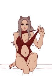 female light_skin light_skinned_female looking_at_viewer solek_x solga solo solo_focus sweat sweatdrop sweating swimsuit white_background white_hair