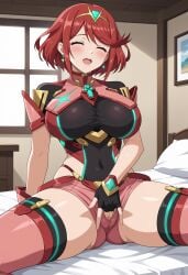 1girls accurate_art_style ai_generated alluring androidparanoid big_breasts closed_eyes clothed core_crystal female_masturbation heroine milf nintendo on_bed pin_up pyra red_hair short_hair spread_legs xenoblade_(series) xenoblade_chronicles_2