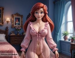ai_generated ariel ariel_(the_little_mermaid) artist_name babydoll bed bedroom blue_eyes breasts cleavage collarbone cowboy_shot curtains disney disney_princess female flower freckles hair_flower hair_ornament indoors lamp large_breasts lips long_hair long_sleeves looking_at_viewer medium_breasts navel nightgown no_panties on_bed patreon_username pillow plant potted_plant pussy red_hair smile solo the_little_mermaid the_little_mermaid_(1989_film) thigh_gap uncensored underwear window xadrid