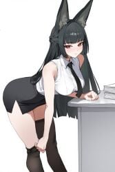 1girls ai_generated animal_ears anthro black_hair breasts female fox_ears hoshimi_miyabi office_lady pantyhose red_eyes solo zenless_zone_zero