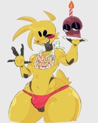 1boy animatronic bulge cupcake_(fnaf) femboy five_nights_at_freddy's five_nights_at_freddy's_2 genderswap genderswap_(ftm) me pink_thong rule_63 solo tag thick_thighs thong toy_chica_(fnaf) v4mp1333 wide_grin wide_hips yellow_body