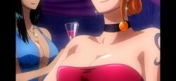 anime_screencap big_breasts black_hair black_hair_female blue_dress blue_tattoo breasts dress earrings elegant_dress fit_female gold_jewelry gold_necklace jewelry large_breasts long_hair long_hair_female nami nami_(classic) nami_(one_piece) neck_bell necklace nico_robin orange orange_hair orange_hair_female ornament red_dress screencap smile tattoo tattoo_on_arm tattooed_arm wine_glass