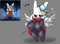 2020 anthro areola biped black_body blue_areola blue_eyes blue_nipples breasts cloak clothing digital_media_(artwork) eyelashes featureless_feet feet female genitals grey_background heart_symbol hi_res hollow_knight horn looking_at_viewer melee_weapon multi_horn nail nail_(weapon) navel nipples pussy question_mark red_cloak red_clothing shadow simple_background solo standing team_cherry unyin vessel_(species) weapon weapon_on_back wings