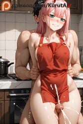 1girls 2boys after_sex ai_generated apron areolae bangs blush collarbone covered_nipples cum cum_on_body darling_in_the_franxx ejaculation erection erection_under_clothes eyebrows_visible_through_hair green_eyes hairband horns kitchen long_hair male_focus muscular naked_apron pectorals penis pink_hair projectile_cum smile testicles tile_floor tile_wall tiles uncensored white_hairband yaoi zero_two_(darling_in_the_franxx)