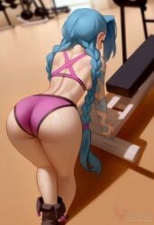 1girls 2d ai_generated areolae ass big_ass bike_shorts blue_hair braid breasts erophoenix female female_focus full_body gym jinx_(league_of_legends) league_of_legends long_hair looking_at_viewer looking_back nipples nude pale_skinned_female patreon_username shoes small_breasts socks solo solo_female sweat thick thick_thighs twin_braids uncensored