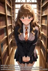 ai_generated brown_eyes brown_hair hermione_granger jacket medium_breasts shy skirt tie uniform wavy_hair