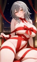 ai_generated bare_thighs big_breast female grey_hair hair_between_eyes honkai:_star_rail honkai_(series) long_hair looking_at_viewer mature_female naked naked_ribbo red_ribbon seductive_smile solo stelle_(honkai:_star_rail) yellow_eyes