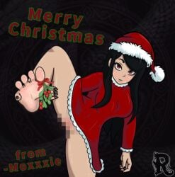 black_hair christmas christmas_clothing christmas_hat christmas_outfit christmas_present feet feet_focus feet_up foot_fetish footjob_tease goth goth_girl gothic lifting_leg moxxxie rachel_moccasin red_eyes rogueserpent soles soles_female standing toes toes_spread