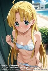 ahoge ai_generated asia_argento blonde_hair covered_nipples female green_eyes hell-pantsu high_school_dxd shy small_breasts striped_bra striped_panties vagina white_stockings.