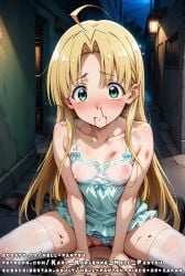 1boy abuse ahoge ai_generated anal anal_sex anus asia_argento blonde_hair blood covered_nipples female green_eyes hell-pantsu high_school_dxd sex shy small_breasts striped_bra striped_panties vaginal_sex white_stockings