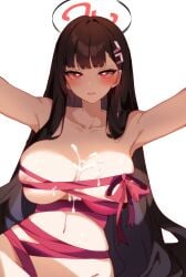 absurdres after_paizuri black_hair black_halo blue_archive blush breasts bright_pupils commentary cum cum_on_body cum_on_breasts english_commentary female hair_ornament hairclip halo highres large_breasts long_hair naked_ribbon navel out-of-frame_censoring red_eyes red_ribbon ribbon rio_(blue_archive) simple_background solo very_long_hair weiic white_background white_pupils