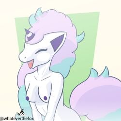 1:1 anthro anthrofied breasts closed_eyes equid equine female galarian_form galarian_ponyta generation_8_pokemon happy leaning mammal nintendo nipples nude pokemon pokemon_(species) pokemorph ponyta regional_form_(pokemon) smile solo standing whateverthefox