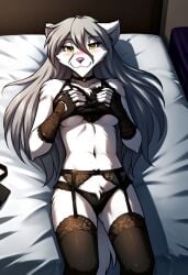 ai_generated female furry gold_eyes lingerie raine_silverlock silver_hair solo twokinds webcomic