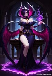 ai_generated balecxi bare_shoulders cleavage dress female hair_over_one_eye large_breasts league_of_legends looking_at_viewer magic morgana pointy_ears purple_hair purple_lips solo wings