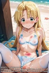 1boy abuse ahoge ai_generated anal anal_sex anus asia_argento blonde_hair blood covered_nipples female green_eyes hell-pantsu high_school_dxd sex shy small_breasts striped_bra striped_panties vaginal_sex white_stockings