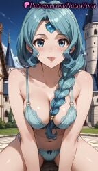 1boy 1girls :p ai_generated anime anime_style aqua_bra aqua_eyes aqua_hair aqua_panties bangs bare_shoulders between_breasts bikini blue_bra blue_eyes blue_hair blue_panties blue_sky blush bow_bra bow_panties bra braid braided_ponytail breasts bust busty castle cleavage collarbone cowgirl_position day female female_focus female_only forehead_jewel hair_ornament hair_over_shoulder large_breasts lingerie long_hair looking_at_viewer medium_breasts natsuyoru navel outdoors panties pantsu parted_bangs single_braid sitting sitting_on_person sky smile solo solo_female solo_focus stomach straddling swimsuit tate_no_yuusha_no_nariagari the_rising_of_the_shield_hero therese_alexanderite thighs tongue tongue_out underwear underwear_only voluptuous voluptuous_female