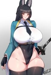 absurdres animal_ear_fluff animal_ears ass big_ass big_breasts big_thighs black_gloves black_hair black_necktie blunt_bangs blush bottomless breasts breasts_out butt commission cowboy_shot dress_shirt female fox_ears fox_girl gigantic_ass gigantic_breasts gigantic_thighs gloves gojich1 green_jacket highres hoshimi_miyabi huge_ass huge_breasts huge_thighs jacket large_breasts long_hair looking_at_viewer necktie parted_lips red_eyes shirt sidelocks simple_background solo thick_hips thick_thighs thighs white_background white_shirt zenless_zone_zero