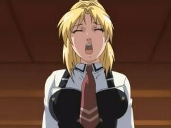 00s 1girls 2006 animated anime_screenshot bible_black bible_black_only blonde_hair bouncing_breasts bow bowtie breasts classroom closed_eyes clothed_sex cowgirl_position female implied_sex open_mouth out-of-frame_censoring ponytail riding saeki_kaori school school_uniform shirt solo_focus straddling straight tagme white_shirt