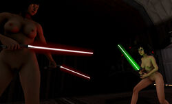 3d areola areolae bioshock bioshock_infinite breasts crossover duel elizabeth_comstock female holding_weapon lenied lightsaber naked nude short_hair standing star_wars weapon