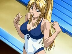 00s 1girls 2000s_and_2010s_style 2005 2d 2d_animation animated anime_screenshot bible_black bible_black_only blonde_hair breasts cleavage curvy female female_only high_ponytail highleg highleg_one-piece_swimsuit human human_only large_breasts looking_away one-piece_swimsuit outdoors ponytail poses purple_eyes questionable saeki_kaori school_swimsuit shiny_skin smile solo solo_female swimsuit teenage_girl teenager two-tone_swimsuit