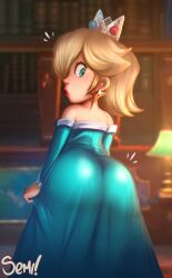 1girls aqua_dress artist_name ass bare_shoulders big_ass blonde_hair blue_eyes bookshelf crown dress earrings flying_sweatdrops from_behind fully_clothed gloves huge_ass indoors jewelry lips long_hair looking_at_viewer looking_back mario_(series) princess_rosalina princess_rosalina_(movie) semidraws solo super_mario_galaxy super_mario_galaxy_(2026_film) tight_clothing tight_dress