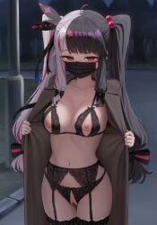 absurdres black_coat black_garter_belt black_hair black_mask blush bra breasts coat collarbone commentary_request cowboy_shot crotchless crotchless_panties cupless_bra exhibitionism female garter_belt garter_straps hair_bobbles hair_ornament highres long_hair looking_at_viewer mask medium_breasts mouth_mask multicolored_hair navel night nijisanji nipples open_clothes open_coat opened_by_self outdoors panties pole public_indecency pussy solo split-color_hair stomach surgical_mask thighs twintails underwear virtual_youtuber white_hair yorumi_rena yukamikayu