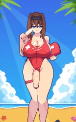 1futa 2025 2d animated aozaki_aoko beach blue_eyes breasts brown_hair cock_hanging dick_out flaccid futanari huge_breasts ice_cream large_breasts lifeguard long_hair mahou_tsukai_no_yoru outdoors penis pixel_art raptorbr swimsuit tagme type-moon