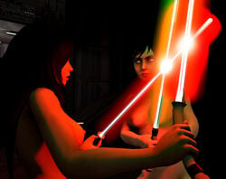 3d bioshock bioshock_infinite blue_eyes crossover duel elizabeth_comstock female holding_weapon lenied lightsaber nude short_hair star_wars weapon