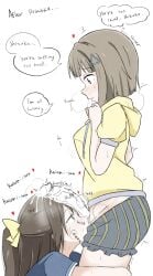 2girls absurdres after_ejaculation blue_eyes blush brown_hair commentary cum cum_on_hair drawstring english_text erection futa_with_female futanari grey_hair hair_ornament hair_ribbon hairclip heart heart-shaped_pupils highres long_hair love_live! love_live!_nijigasaki_high_school_idol_club multiple_girls nakasu_kasumi osaka_shizuku penis red_eyes ribbon shizuwonderland short_hair shorts sidelocks smelling smelling_penis striped_clothes striped_shorts sweater symbol-shaped_pupils untranslatable_commentary veins veiny_penis white_background