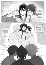 3boys aged_down aged_up bite_mark bite_marks blush breath comic completely_nude english_text gay gintama gintoki_sakata implied_anal implied_sex katsura_kotarou long-haired_male long_hair looking_at_another looking_at_viewer male male_only meme mmm_threesome monochrome nude pov sweat takasugi_shinsuke threesome time_paradox time_travel yaoi