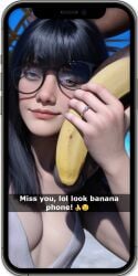 3d banana banana_phone bangs blue_eyes breasts cellphone cheating cheating_wife dark-skinned_male dark_hair english_text glasses hdr_ntrgirl hdregrets huge_cock interracial large_penis netorare phone phone_screen ring selfie snapchat text wedding_ring