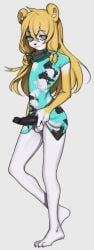 1boy animal_ears barefoot bear_ears blonde_hair colored_skin commission dress floral_print full_body furry furry_male green_dress hair_between_eyes highres long_hair original penis pita-potato short_sleeves smile solo testicles trap white_skin yellow_skin