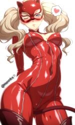 ai_generated ann_takamaki ann_takamaki_(panther) arched arched_back arms_behind_back bangs blonde_hair blue_eyes blush blush_lines bodysuit boots cat_mask cat_tail cleavage cleavage_cutout closed_mouth covered_navel covered_nipples curly_hair fake_cat_tail hair_clip hips illyfurina latex latex_bodysuit latex_clothing latex_suit legs long_hair long_sleeves looking_at_viewer mask masked masked_female one_eye_closed persona persona_5 persona_5_royal pink_lipstick pixai puckered_lips red_bodysuit seducing seduction seductive seductive_body seductive_expression seductive_eyes seductive_female seductive_gaze seductive_look seductive_mouth seductive_pose sfw sfw_version sfw_version_available small_breasts spoken_heart stable_diffusion standing takamaki_anne tease teasing teasing_viewer thick_thighs thigh_boots thighs twintails twintails_(hairstyle) waist white_background zipper zipper_down
