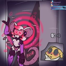 1:1 bandai_namco blush breasts clothed clothing digimon digimon_(species) english_text female heart_symbol hi_res hypnosis latex mammal mind_control pasties plaudie_(trapknight) pubic_tattoo renamon rodent suit tail tattoo text trapknight visor