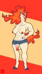 4:7 abs absurd_res animal_genitalia animal_penis anthro bottomwear breasts clothing equine_genitalia equine_penis fire flaming_hair generation_1_pokemon genitals gynomorph hi_res intersex jared_dillon muscular muscular_intersex nintendo penis penis_poking_out penis_through_leghole pokemon pokemon_(species) pseudo_hair rapidash shorts solo