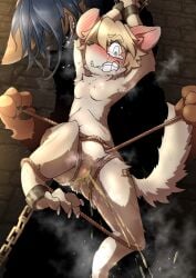 4_toes absurd_res anthro anus ass barefoot blonde_hair bodily_fluids bondage bound brand branded breasts chains cuff_(restraint) desperation embarrassed feet female female_peeing forced fur genital_fluids genitals hair hi_res jailed mammal mouse mttbsmn murid murine nipples paws peeing prison prisoner raised_arm restraints rodent rua_the_thief_(mttbsmn) scared tail tears toes urine urine_stream vaginal_penetration vulva