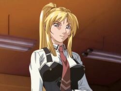 00s 1girls 2006 animated anime_screenshot bible_black bible_black_only black_thighhighs blonde_hair bow bowtie breasts classroom desk female female_focus high_ponytail large_breasts legs panties ponytail purple_eyes red_skirt removing_panties saeki_kaori school school_desk school_uniform shirt shoes skirt smile socks solo tagme thighhighs thighs underwear white_panties white_shirt