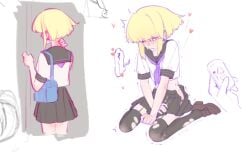 androgynous anon before_and_after black_legwear black_panties blonde_hair blush bob_cut crossdressing embarrassed femboy femboy_focus lio_fotia midriff miniskirt panties petite petite_body petite_male promare sailor_collar sailor_uniform short_hair slim slim_male slim_waist solo_focus stockings thighhighs twink vibrator