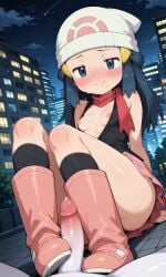 1boy ai_generated boots breast_jiggle breasts_out city city_background dark_blue_eyes dark_blue_hair dawn_(pokemon) feet_fetish female female_human/male_pokemon footjob footjob_over_clothes gallade hat long_socks pink_boots pink_nipples pink_skirt pokemon pokemon_(species) pokemon_dppt pokemon_dppt_(anime) poketch red_scarf scarf skirt white_hat