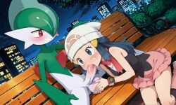 1boy ai_generated blowjob boots breast_jiggle breasts_out cheek_press city city_background dark_blue_eyes dark_blue_hair dawn_(pokemon) fellatio female female_human/male_pokemon gallade hat jiggling_breasts long_socks one_leg_up oral penis penis_in_mouth penis_in_pussy pink_boots pink_nipples pink_skirt pokemon pokemon_(species) pokemon_dppt pokemon_dppt_(anime) poketch red_scarf scarf skirt white_hat