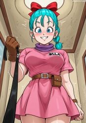 ai_generated aqua_hair artist_name belt blue_eyes blue_hair blush bow braid braided_ponytail breasts brown_belt brown_gloves bulma_(bunny) bulma_briefs clothing cowboy_shot dragon_ball dragon_ball_(classic) dragon_ball_super dragon_ball_z dress fanny_pack female from_below gloves grin hair_ornament hairbow holding holding_leash indoors jousneystudio large_breasts leash looking_at_viewer looking_down medium_breasts name_tag patreon_username pink_dress ponytail pouch pov_hands purple_scarf red_bow scarf short_dress short_sleeves single_glove smile solo teeth thighs trembling viewer_holding_leash web_address window wristwatch