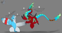 absurd_res anthro artist_watermark balls big_balls big_penis blue_body blue_fur dialogue duo english_text eye_contact foreskin foreskin_play fur future_pokemon generation_9_pokemon genitals grey_background grey_body grey_fur hi_res huge_balls huge_cock hyper hyper_balls hyper_genitalia hyper_penis legendary_pokemon leskarmory long_tail looking_at_another male male/male miraidon mouth_closed multicolored_tail nintendo paradox_pokemon penis pokemon pokemon_(species) purple_sclera red_body red_fur scrotum_flap shadow simple_background smile tail teeth teeth_showing text watermark