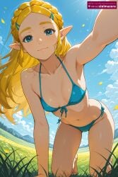 ai_assisted ai_generated all_fours armpits bangs bare_shoulders barefoot bikini blonde_hair blue_bikini blue_eyes blue_sky blush braid breasts closed_mouth cloud collarbone crown_braid day female front-tie_bikini_top front-tie_top grass hair_ornament hairclip halterneck long_hair looking_at_viewer navel outdoors petals pointy_ears princess_zelda reaching_towards_viewer selfie side-tie_bikini_bottom sky small_breasts smile solo stelmazura string_bikini swimsuit the_legend_of_zelda zelda_(breath_of_the_wild) zelda_(tears_of_the_kingdom)