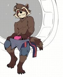 anthro brown_body brown_fur bulge_grab clothing fur guardians_of_the_galaxy hi_res jrjresq male mammal marvel nipples pink_clothing pink_underwear procyonid raccoon red_sclera rocket_raccoon simple_background smile thong underwear undressing