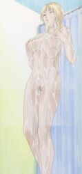 00s 1girls 2005 anime_screenshot bathroom bible_black bible_black_only blonde_hair breasts closed_eyes feet_out_of_frame female grabbing_another's_breast groping groping_breast hands_on_own_chest large_breasts long_hair nipples nude pubic_hair saeki_kaori showering solo standing stitched tagme third-party_edit wet wet_hair