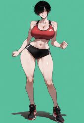 1girls ai ai-created ai_art ai_generated asian asian_female ass_visible_through_thighs black_buruma black_eye black_eyes black_hair black_sneakers buruma cleavage clenched_teeth collarbone curvy curvy_body curvy_female curvy_figure deviantart_link drop_shadow female female_focus female_only full_body green_background hair_covering_eye large_breasts light-skinned_female light_skin looking_at_viewer madoka_(uersor) navel one_eye_closed pixie_cut red_sports_bra shadow shiny_skin short_hair simple_background smile smiley_face smiling sneakers solo solo_female sports_bra sweat sweating sweaty sweaty_body swept_bangs thick_thighs thin_waist tomboy uersor wet wet_body wet_skin white_skin wide_hips young_female
