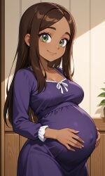 ai_generated black_skin black_skinned_female disventure_camp gabby_(disventure_camp) green_eyes green_eyes_female looking_at_viewer odd_nation_cartoons pregnant pregnant_belly pregnant_female purple_dress